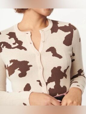 Altar’d State Cream and Brown cow Patterned Crewneck Cardigan Sweater